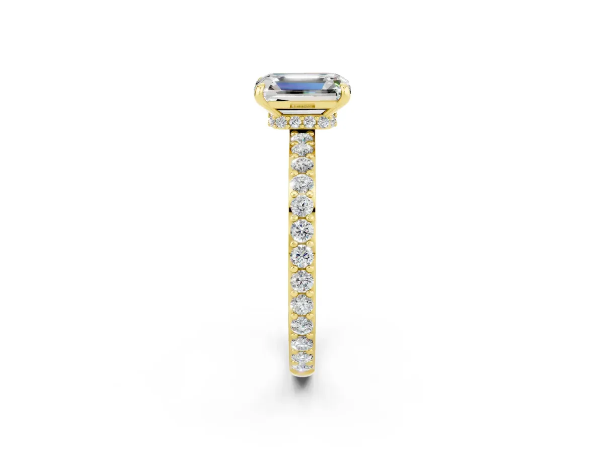 Emerald Cut Moissanite Solitaire Engagement Ring with Pavé Band and Four-Prong Setting Yellow gold