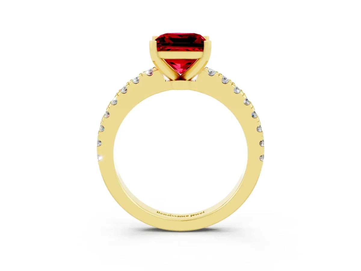 Princess Cut Solitaire Ruby with Pavé Band and Four-Prong Setting Yellow gold