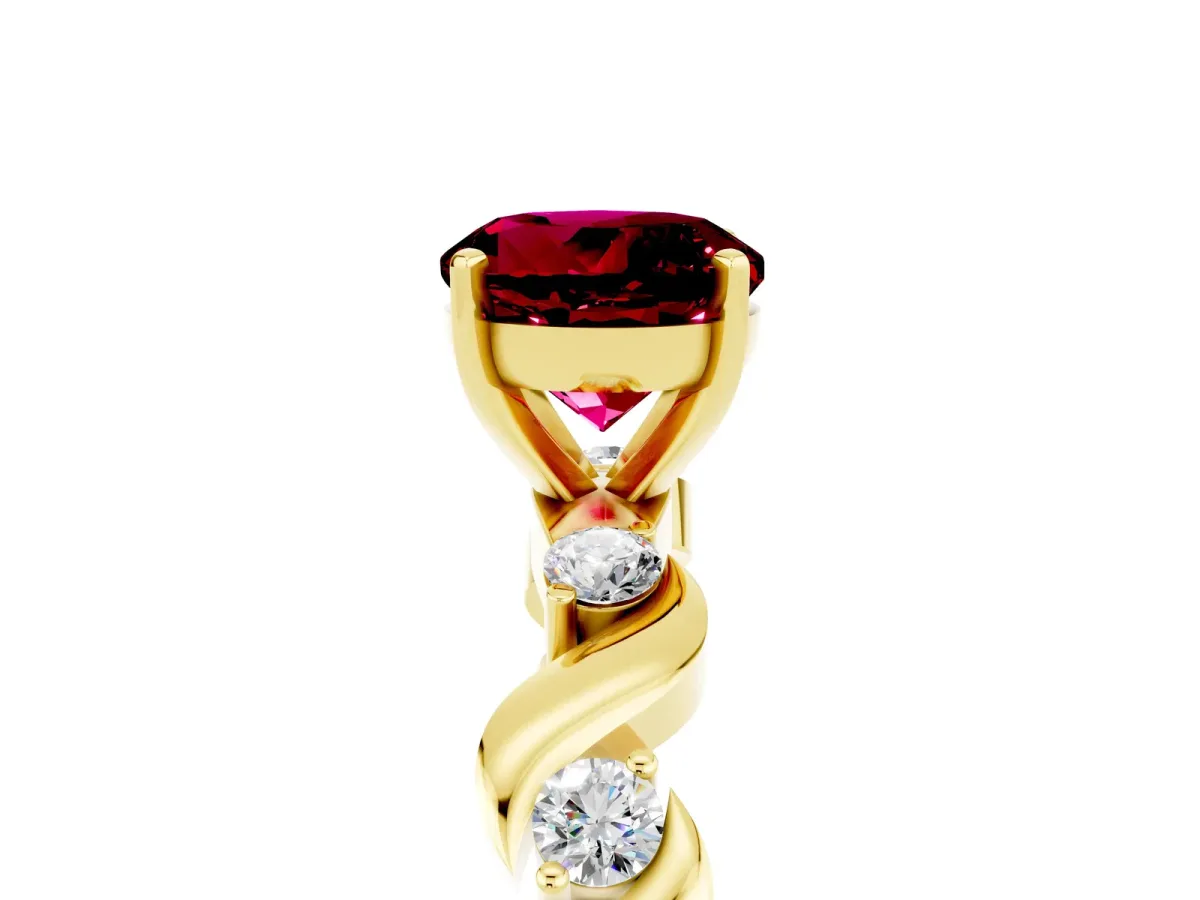 Round Cut Garnet Solitaire Twisted Band with Round Accents and Prong Setting Yellow gold