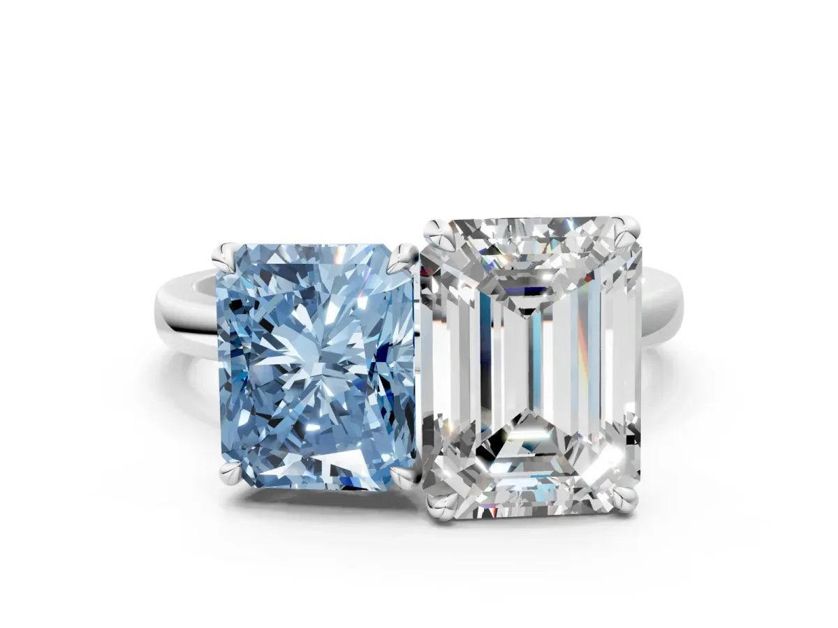 Fancy Blue Radiant Cut and Emerald Cut Toi Moi Ring with Prong Setting White gold