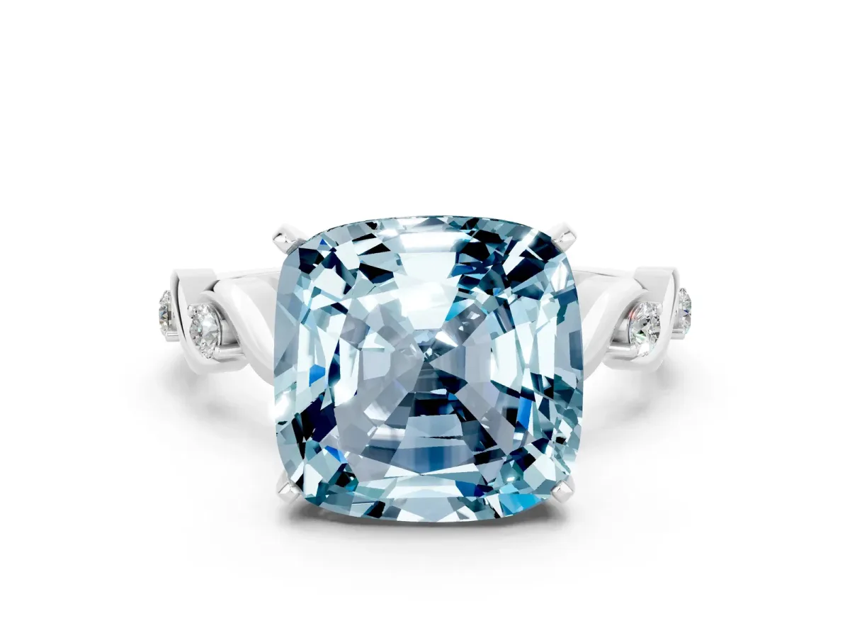 Cushion Cut Aquamarine Solitaire Twisted Band with Round Accents and Prong Setting Platinum