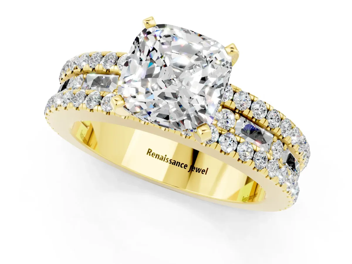 Cushion Cut Moissanite Solitaire Ring with Pavé and Channel Set Band Yellow gold
