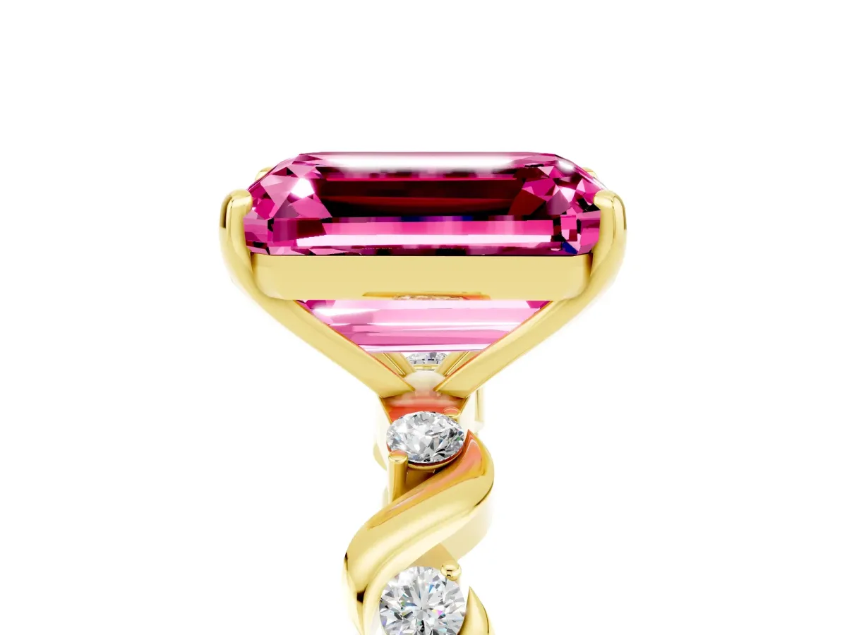 Emerald Cut Pink Sapphire Solitaire Twisted Band with Round Accents and Prong Setting Yellow gold