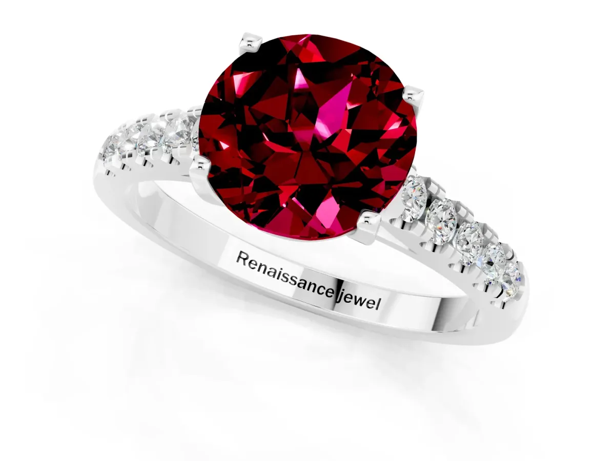 Round Cut Garnet Pavé Band Solitaire Ring with Prong Setting White gold