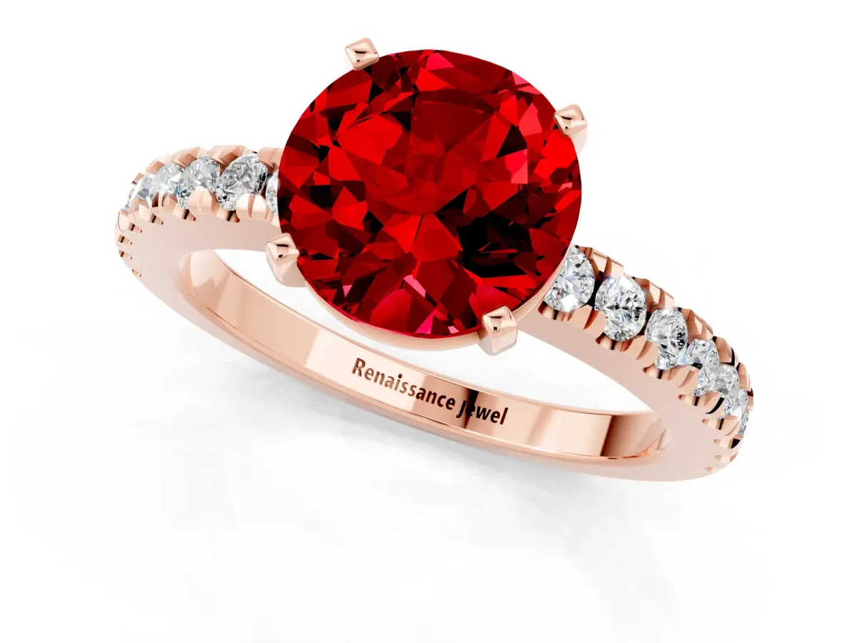 Round Cut Solitaire Ruby with Pavé Band and Four-Prong Setting Rose gold
