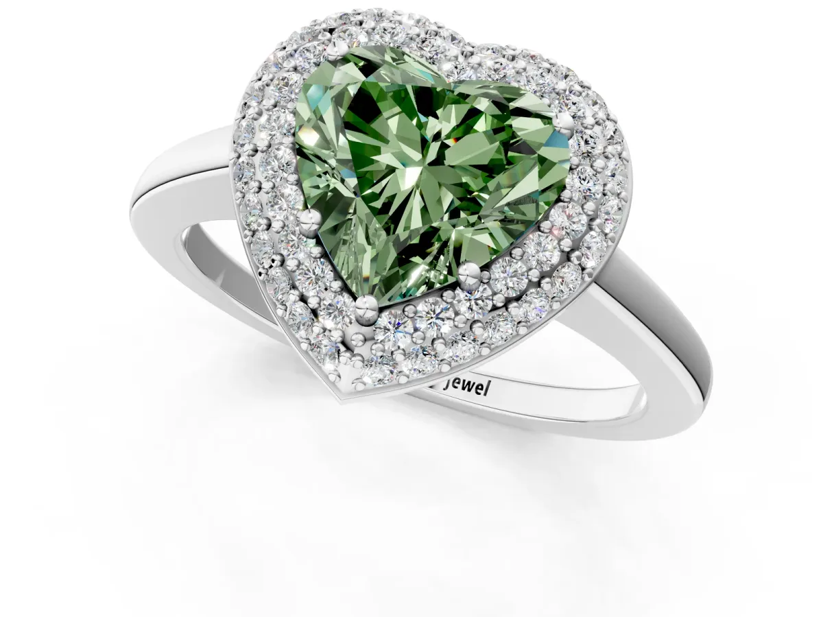 Fancy Green Heart Cut Halo Diamond Engagement Ring with Solitaire Band and Four-Prong Setting Platinum
