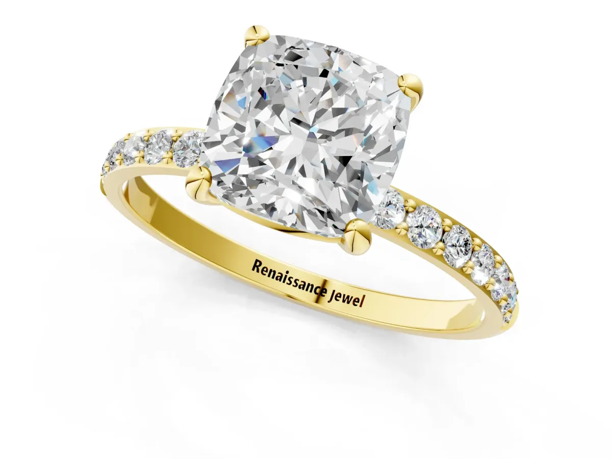 Cushion Cut Diamond Solitaire Ring with Round Moissanite Pavé Band and Prong Setting Yellow gold