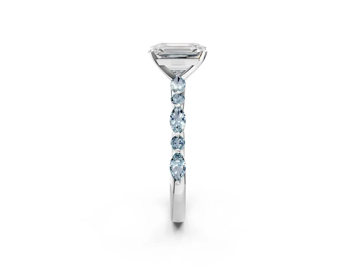 Emerald Cut Diamond Ring with Marquise and Round Aquamarine Side Stones and Four-Prong Setting White gold