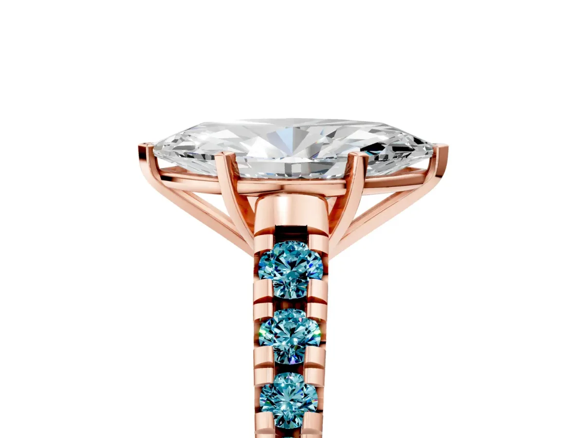 Marquise Cut Diamond Cathedral Solitaire Ring with Round Blue Topaz Pavé Band Rose gold