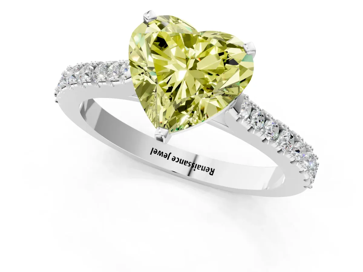 Fancy Yellow Heart Cut Cut Solitaire Diamond Engagement Ring with Pave Band and Four-Prong Setting White gold