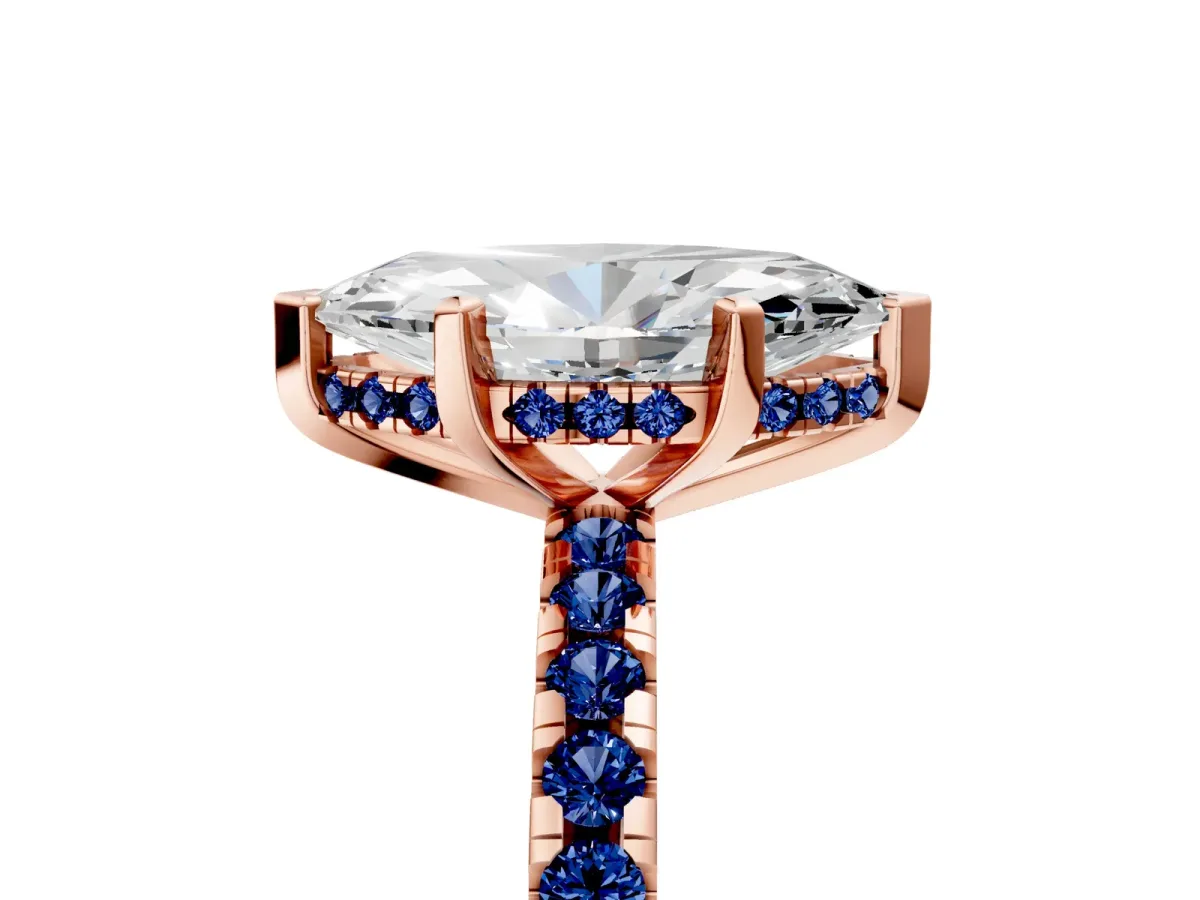 Marquise Cut Diamond Solitaire Ring with Round Blue Sapphire Pavé Band and Four-Prong Setting Rose gold