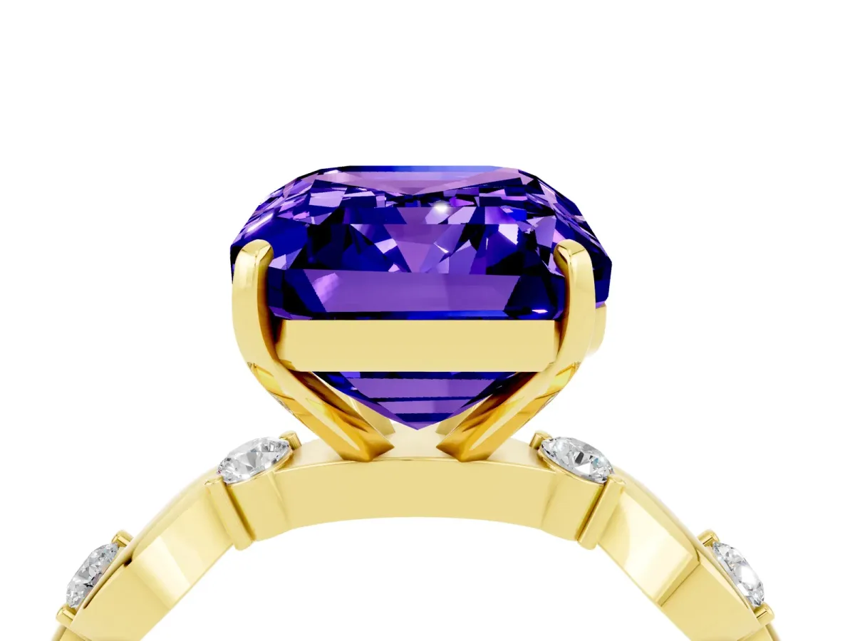 Emerald Cut Tanzanite Solitaire Twisted Band with Round Accents and Prong Setting Yellow gold