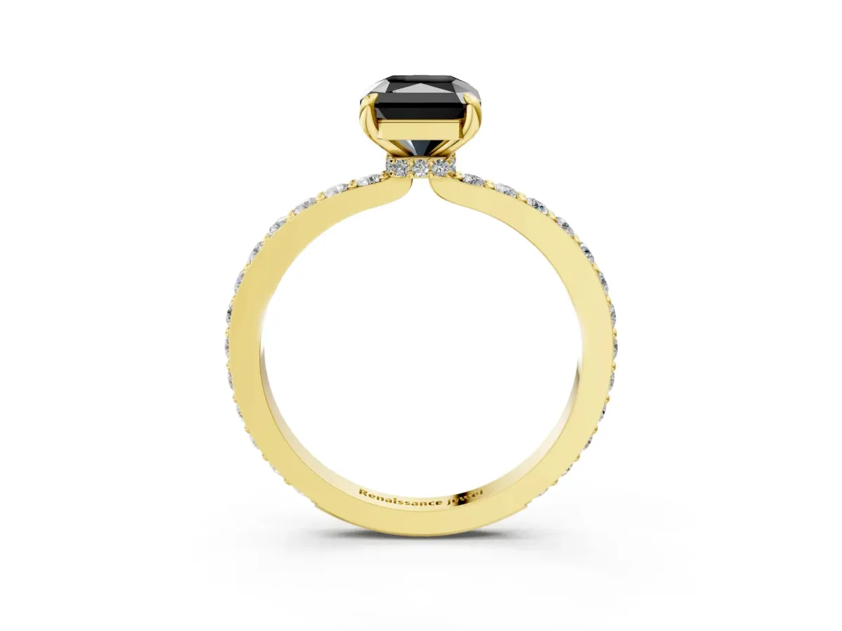 Fancy Black Radiant Cut Diamond Solitaire Engagement Ring with Pavé Band and Four-Prong Setting Yellow gold
