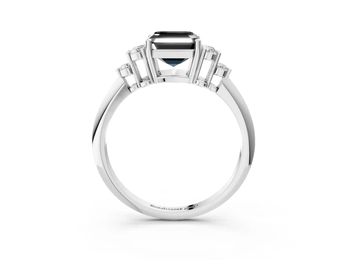 Fancy Black Asscher Cut Cut Diamond Cluster Ring with Solitaire Band and Four-Prong Setting Platinum