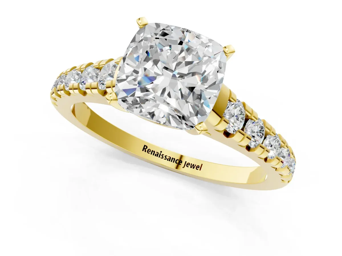 Cushion Cut Diamond Cathedral Solitaire Ring with Round Moissanite Pavé Band Yellow gold