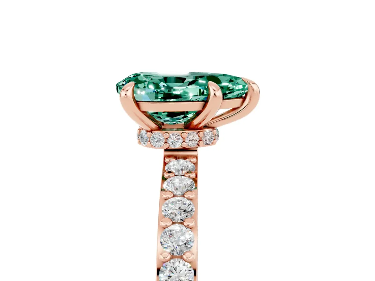 Pear Cut Green Sapphire Solitaire Engagement Ring with Pavé Band and Four-Prong Setting Rose gold