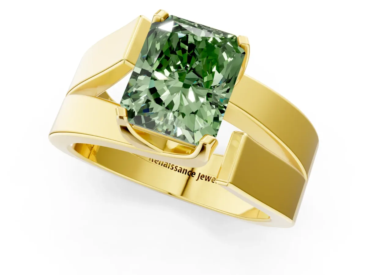 Fancy Green Modern Tension Set Radiant Cut Diamond Solitaire Wide Band Ring Yellow gold