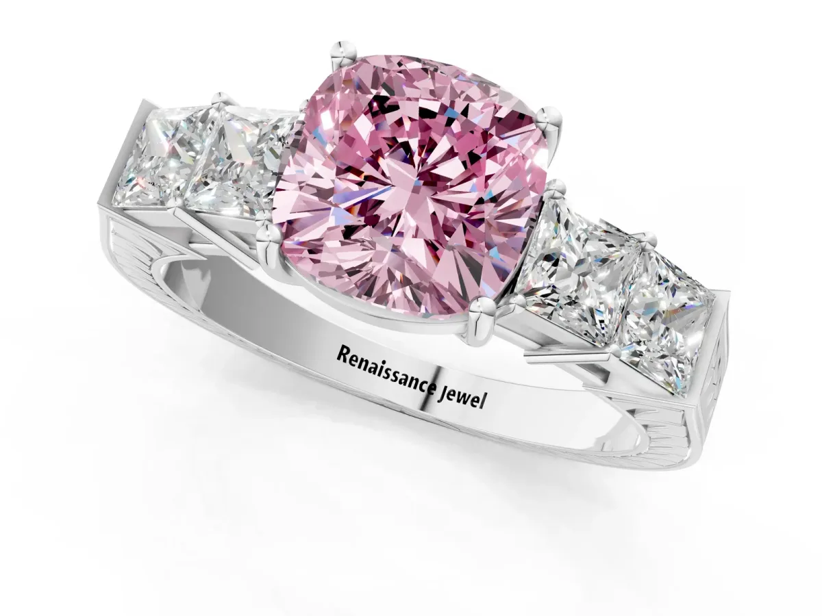 Fancy Pink Cushion Cut Solitaire Princess Side Stone Engraved Band Prong Setting Ring Platinum