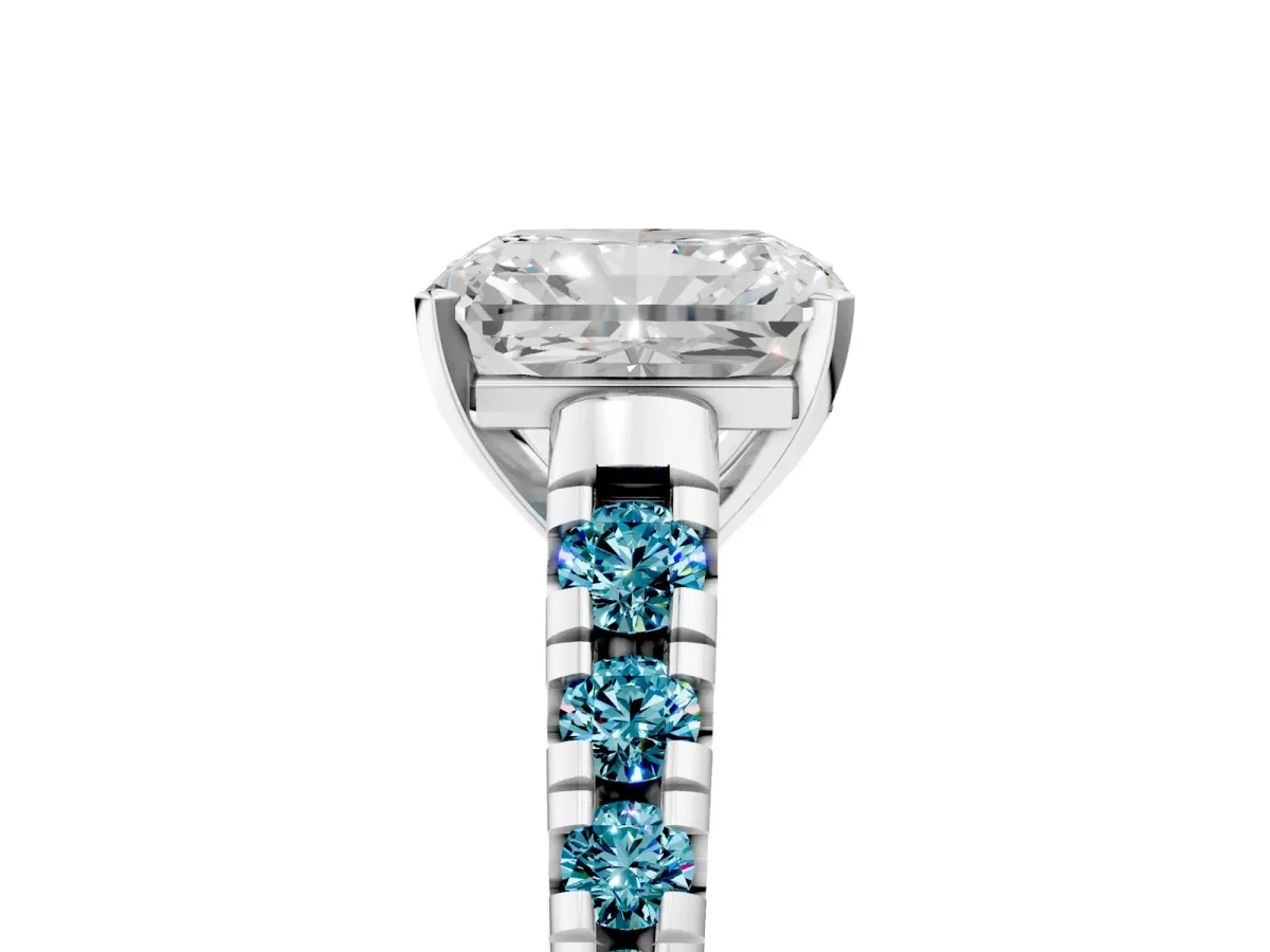 Radiant Cut Diamond Cathedral Solitaire Ring with Round Blue Topaz Pavé Band White gold