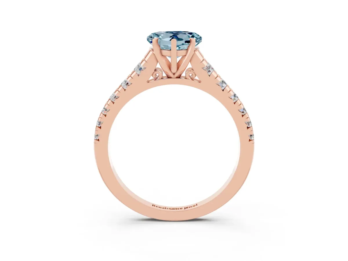Heart Cut Aquamarine Cathedral Solitaire Ring with Round Pavé Band Rose gold