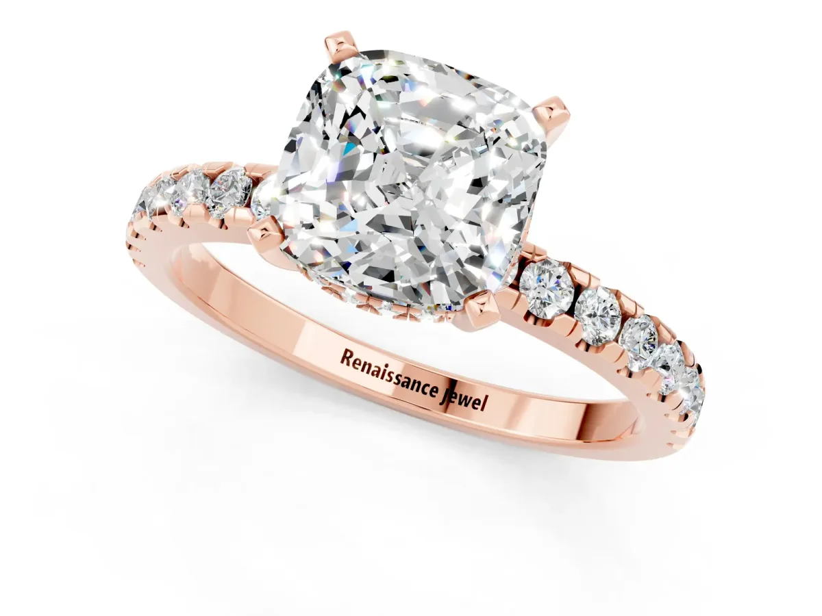 Cushion Cut Moissanite Solitaire Ring with Round Pavé Band and Four-Prong Setting Rose gold