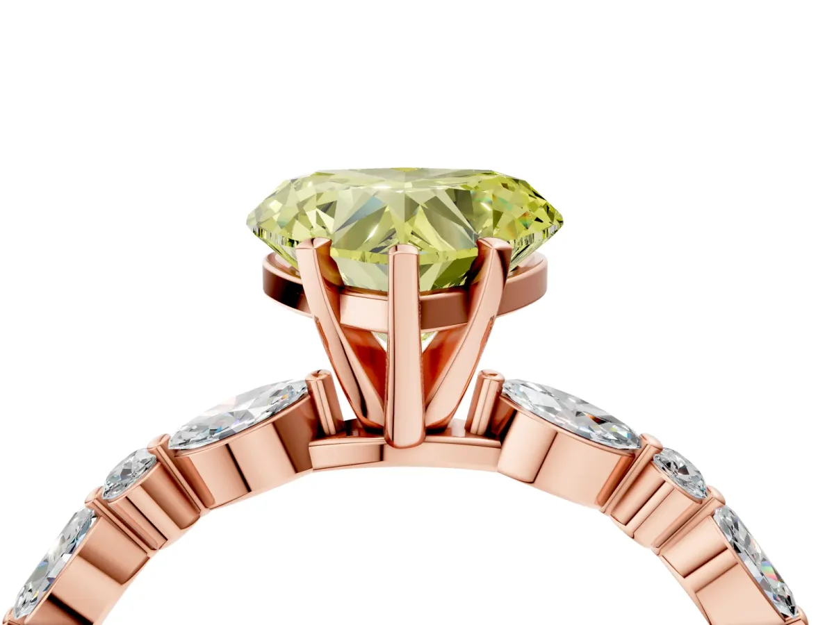 Fancy Yellow Heart Cut Diamond Ring with Marquise and Round Side Stones and Four-Prong Setting Rose gold