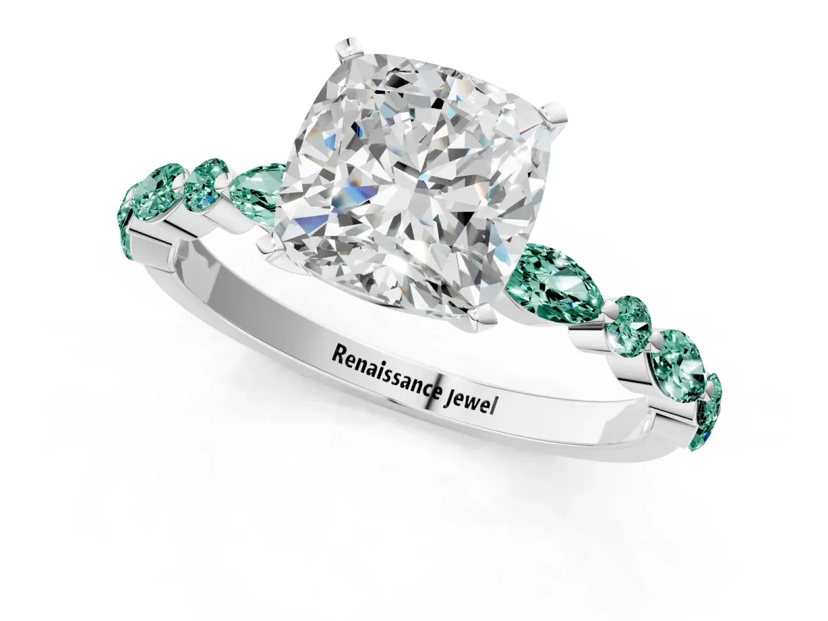 Cushion Cut Diamond Ring with Marquise and Round Green Sapphire Side Stones and Four-Prong Setting Platinum