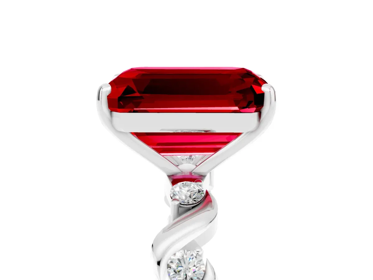 Emerald Cut Ruby Solitaire Twisted Band with Round Accents and Prong Setting Silver