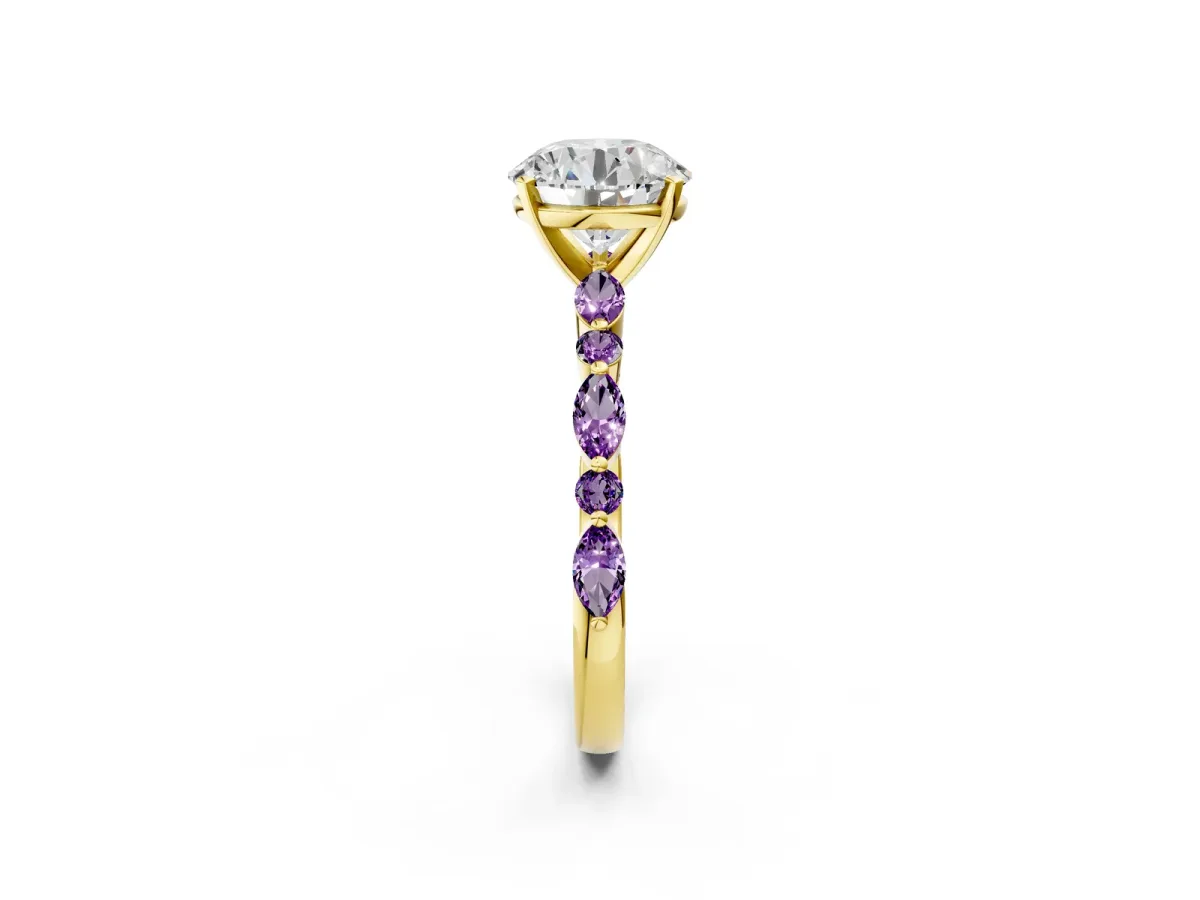 Round Cut Diamond Ring with Marquise and Round Amethyst Side Stones and Four-Prong Setting Yellow gold