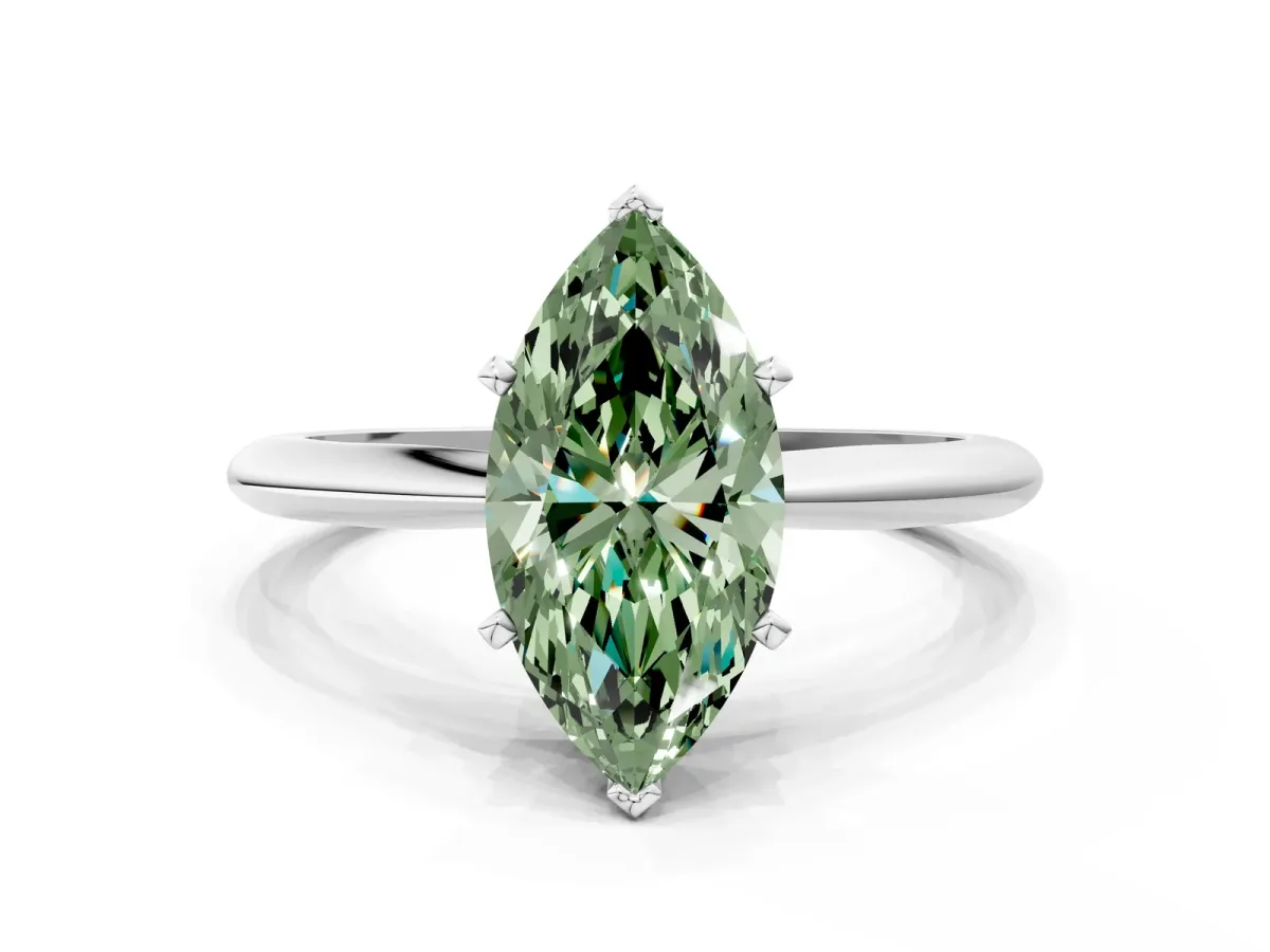 Fancy Green Marquise Cut Diamond Solitaire Engagement Ring with Classic Band and Four-Prong Setting White gold
