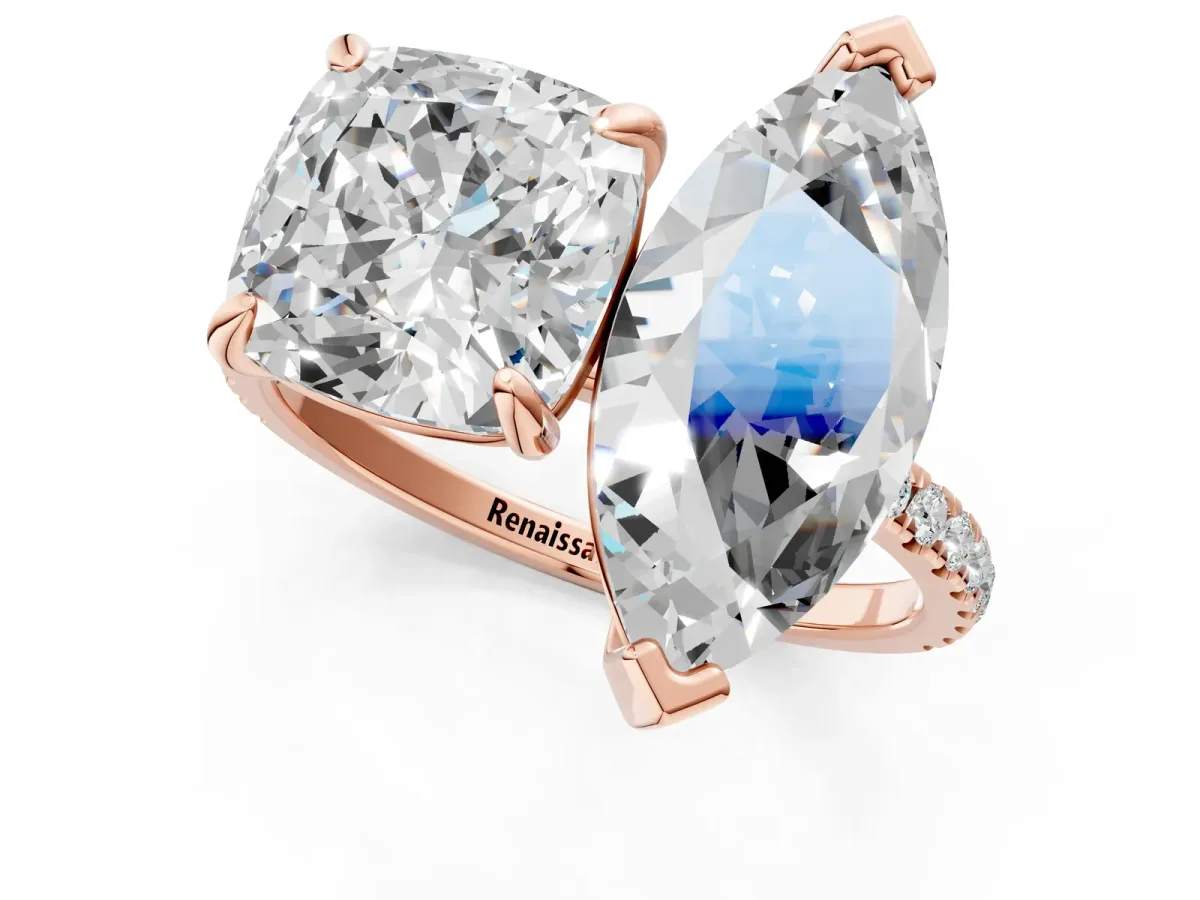 Cushion and Marquise Toi Moi Ring with Prong Setting and Pave Band Rose gold