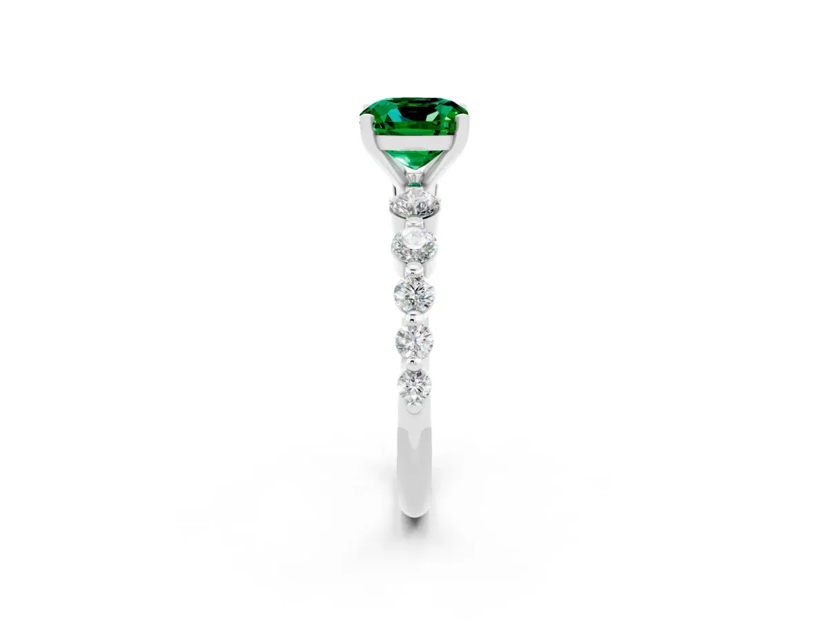 Cushion Cut Solitaire Emerald Ring with Pave Band and Four-Prong Setting Silver