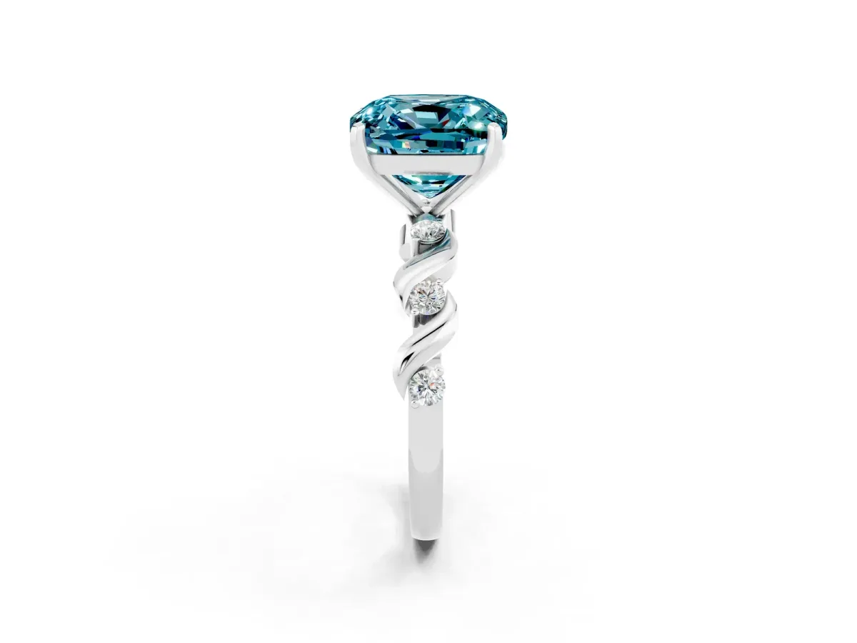 Cushion Cut Blue Topaz Solitaire Twisted Band with Round Accents and Prong Setting White gold