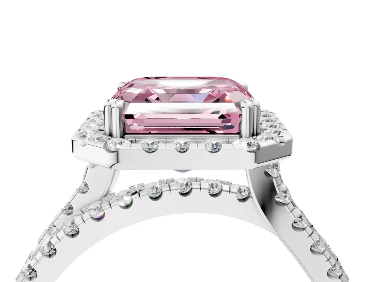Fancy Pink Asscher Cut Halo Split Shank Diamond Ring with Pavé Setting Platinum