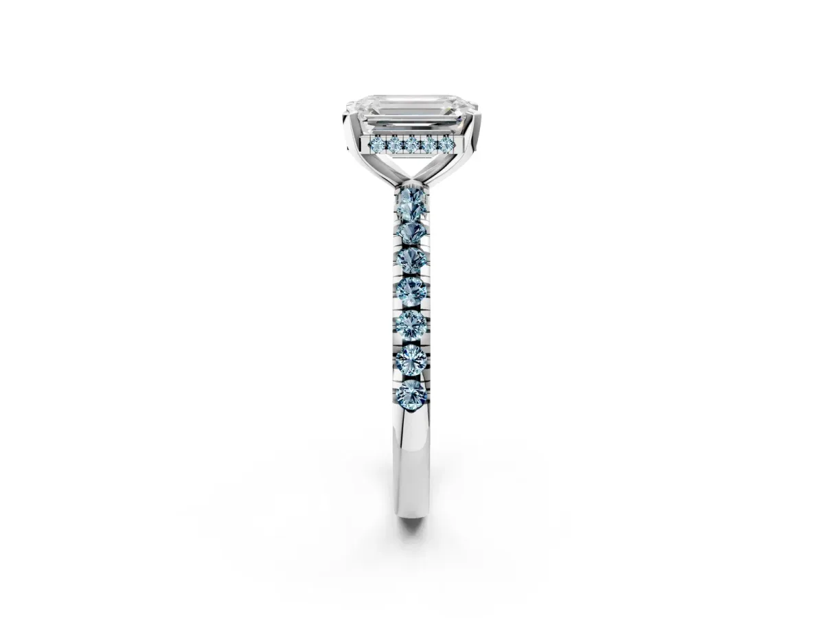 Emerald Cut Diamond Solitaire Ring with Round Aquamarine Pavé Band and Four-Prong Setting White gold