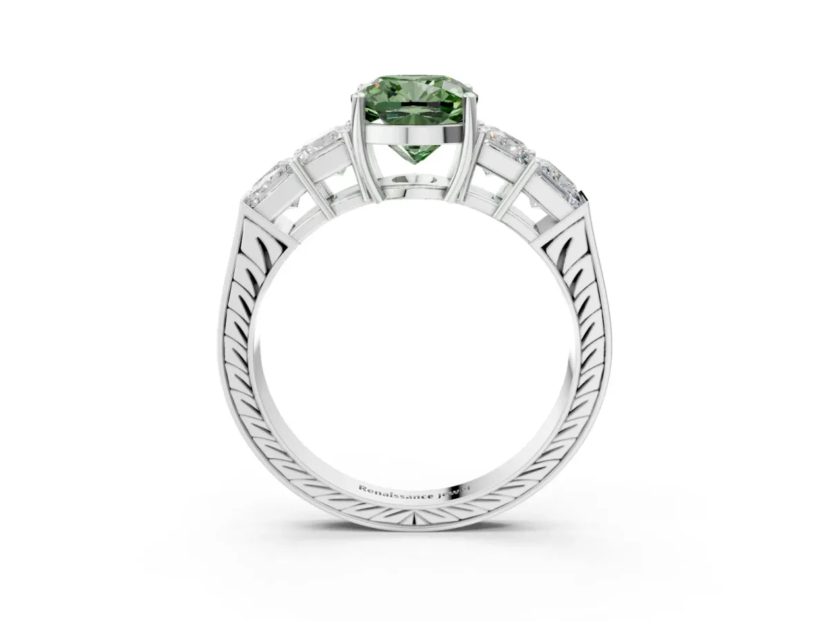 Fancy Green Cushion Cut Solitaire Princess Side Stone Engraved Band Prong Setting Ring Silver