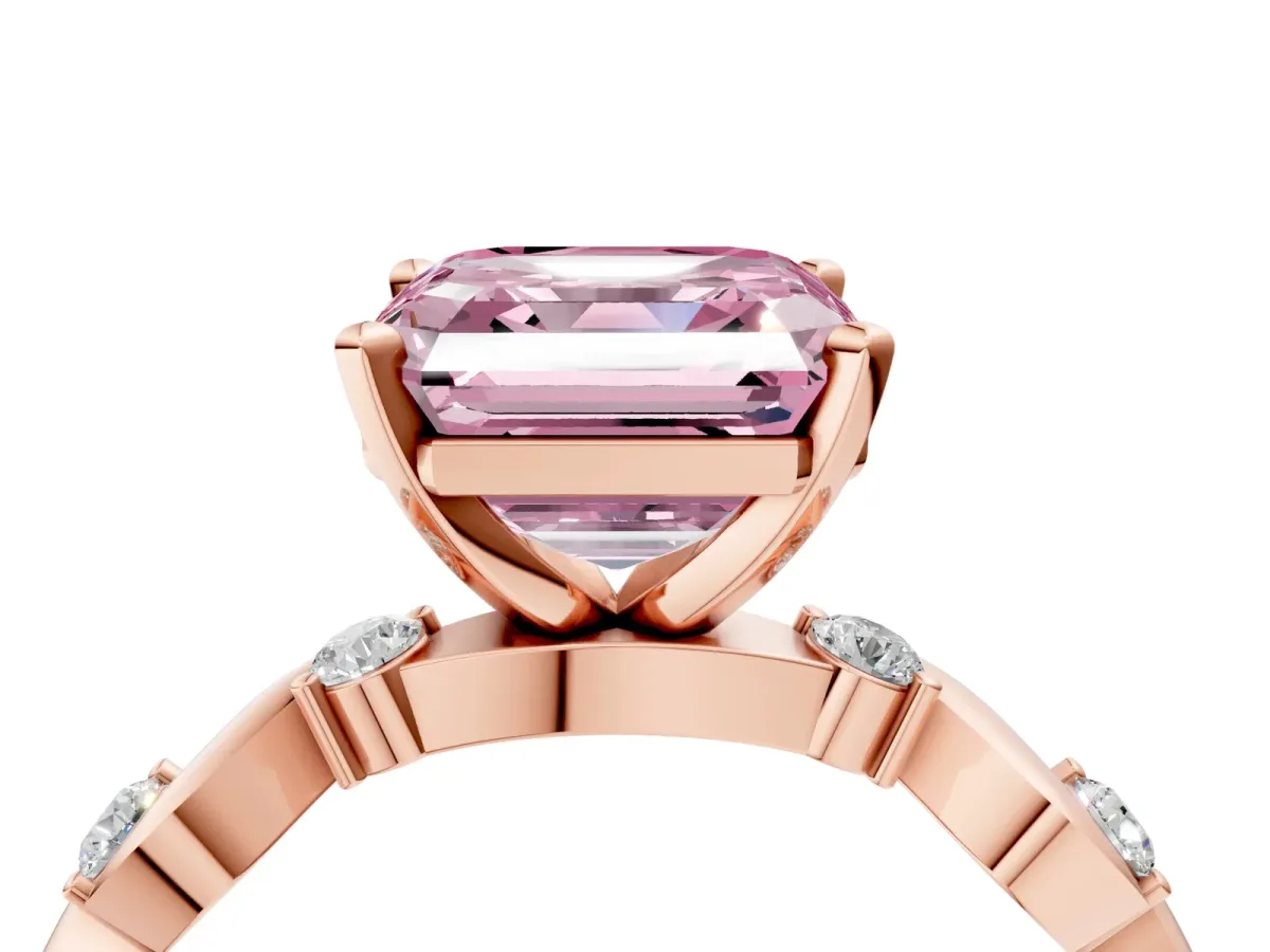 Fancy Pink Asscher Cut Diamond Solitaire Twisted Band with Round Accents and Prong Setting Rose gold