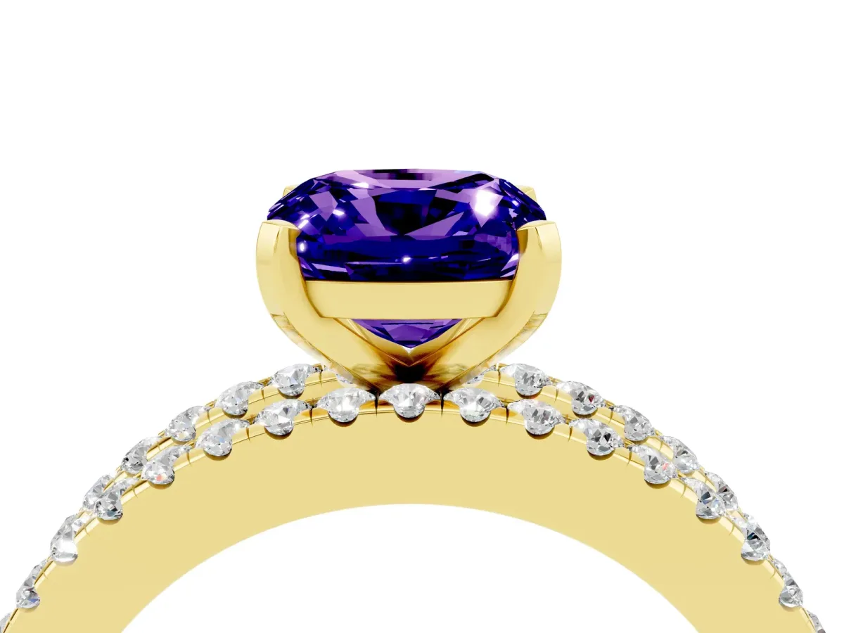 Cushion Cut Tanzanite Solitaire Ring with Pavé and Channel Set Band Yellow gold