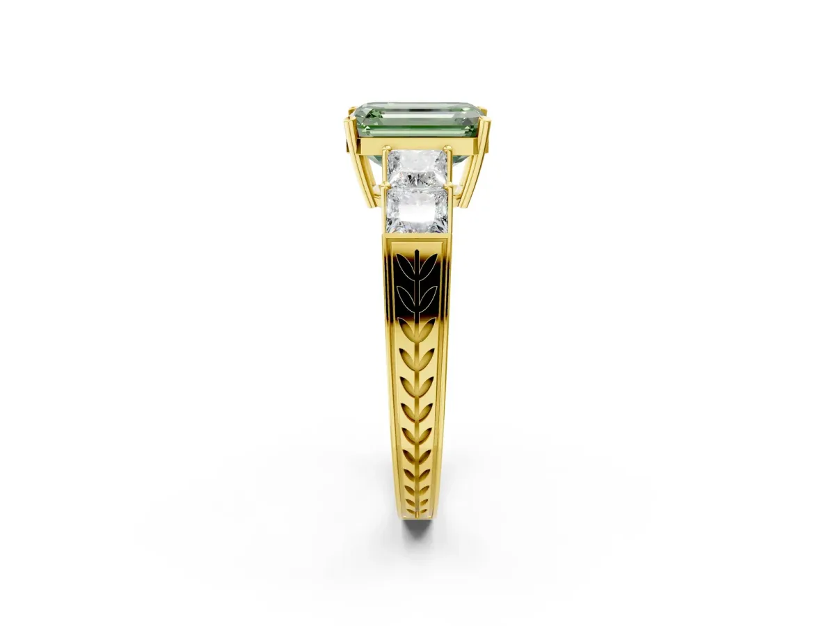 Fancy Green Emerald Cut Solitaire Princess Side Stone Engraved Band Prong Setting Ring Yellow gold