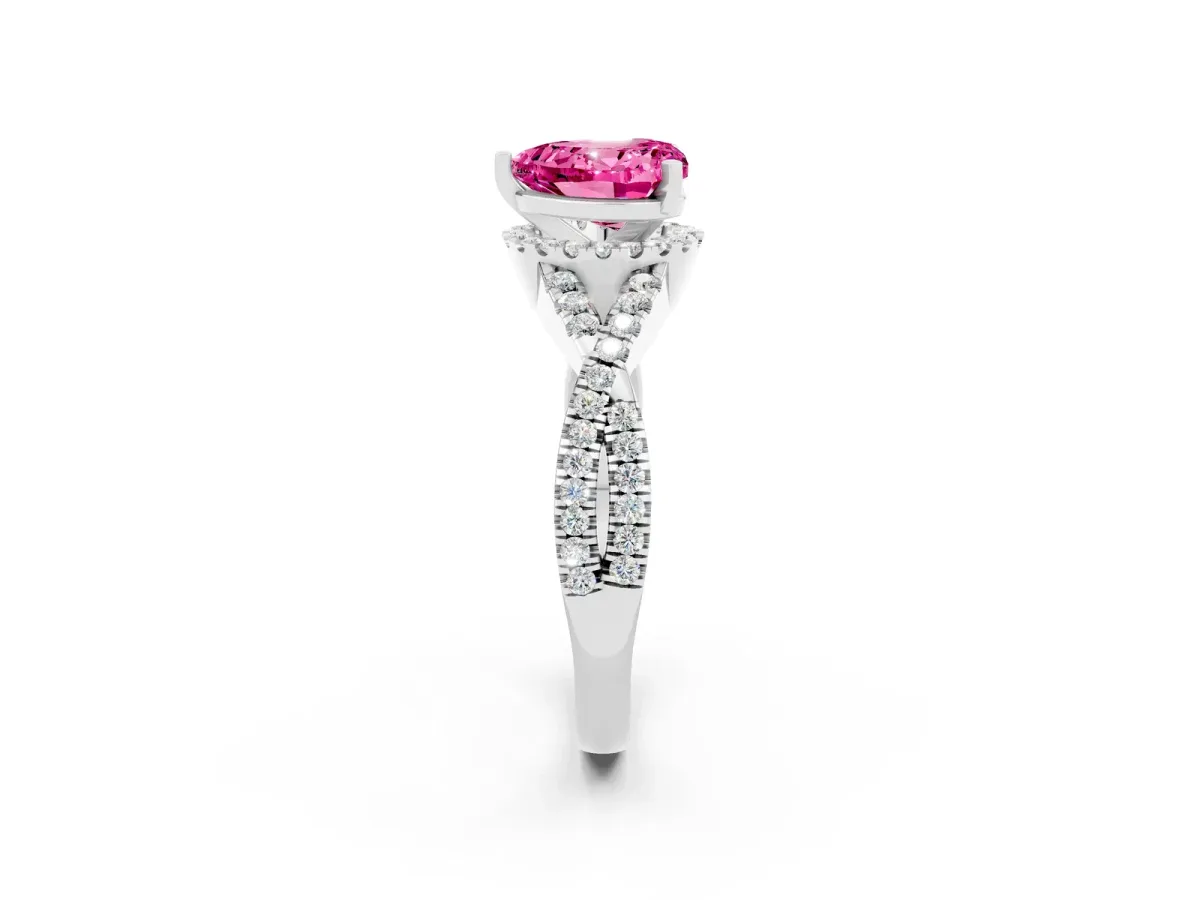 Heart Cut Pink Sapphire Halo Twist Band Solitaire Prong Setting Ring White gold