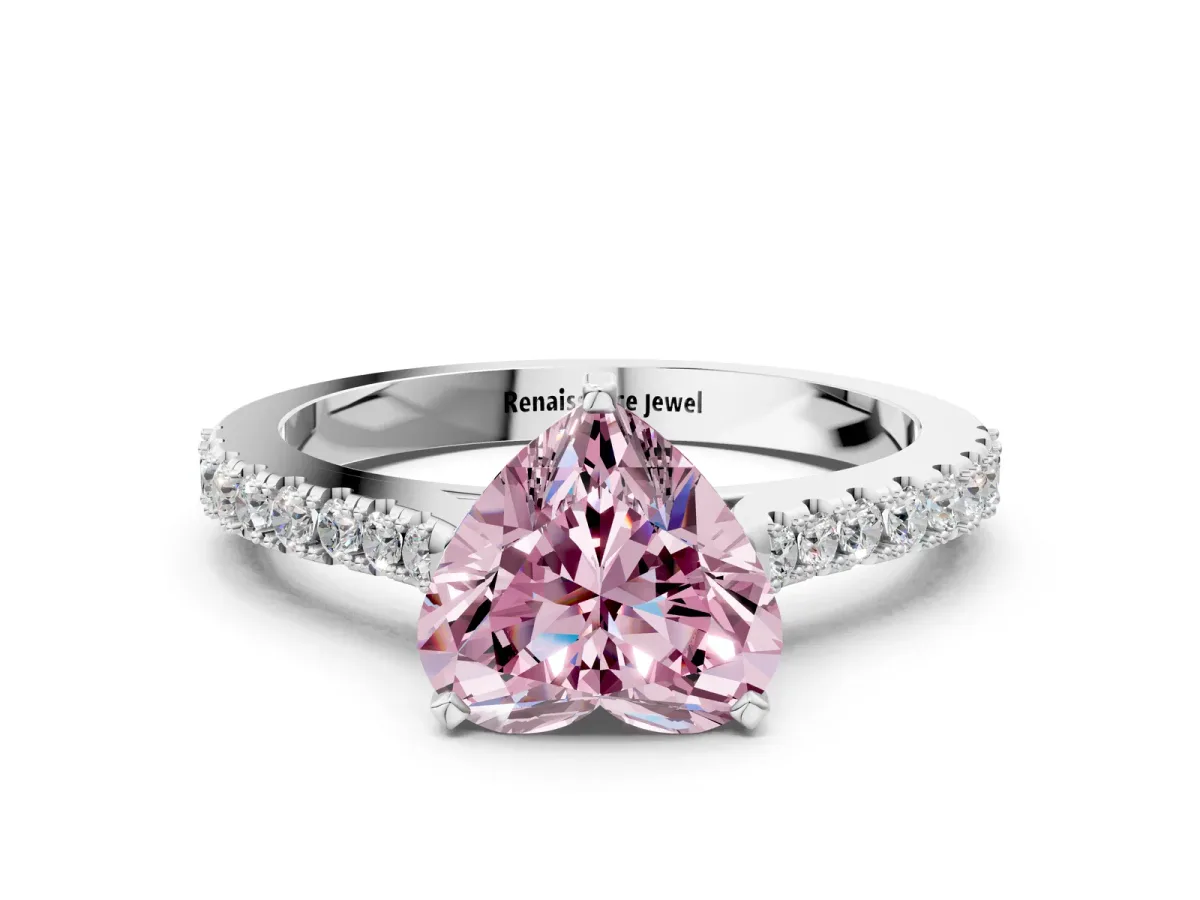 Fancy Pink Heart Cut Cut Solitaire Diamond Engagement Ring with Pave Band and Four-Prong Setting White gold