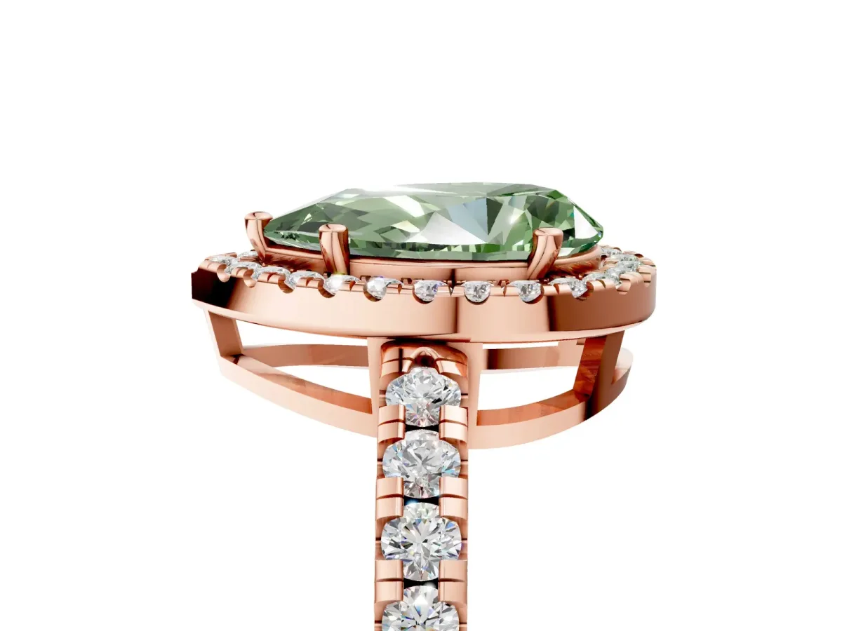Fancy Green Pear Cut Diamond Halo Ring with Pavé Band and Four-Prong Setting Rose gold