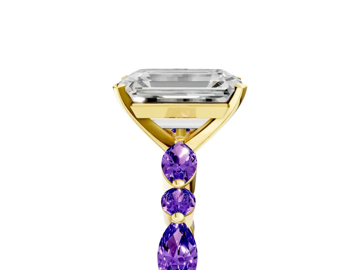 Emerald Cut Diamond Ring with Marquise and Round Tanzanite Side Stones and Four-Prong Setting Yellow gold