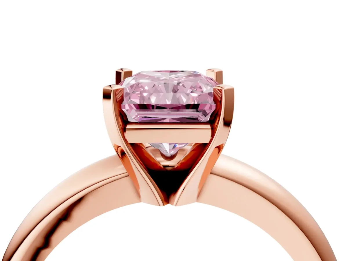 Fancy Pink Radiant Cut Diamond Solitaire Engagement Ring with Round Band and Four-Prong Setting Rose gold