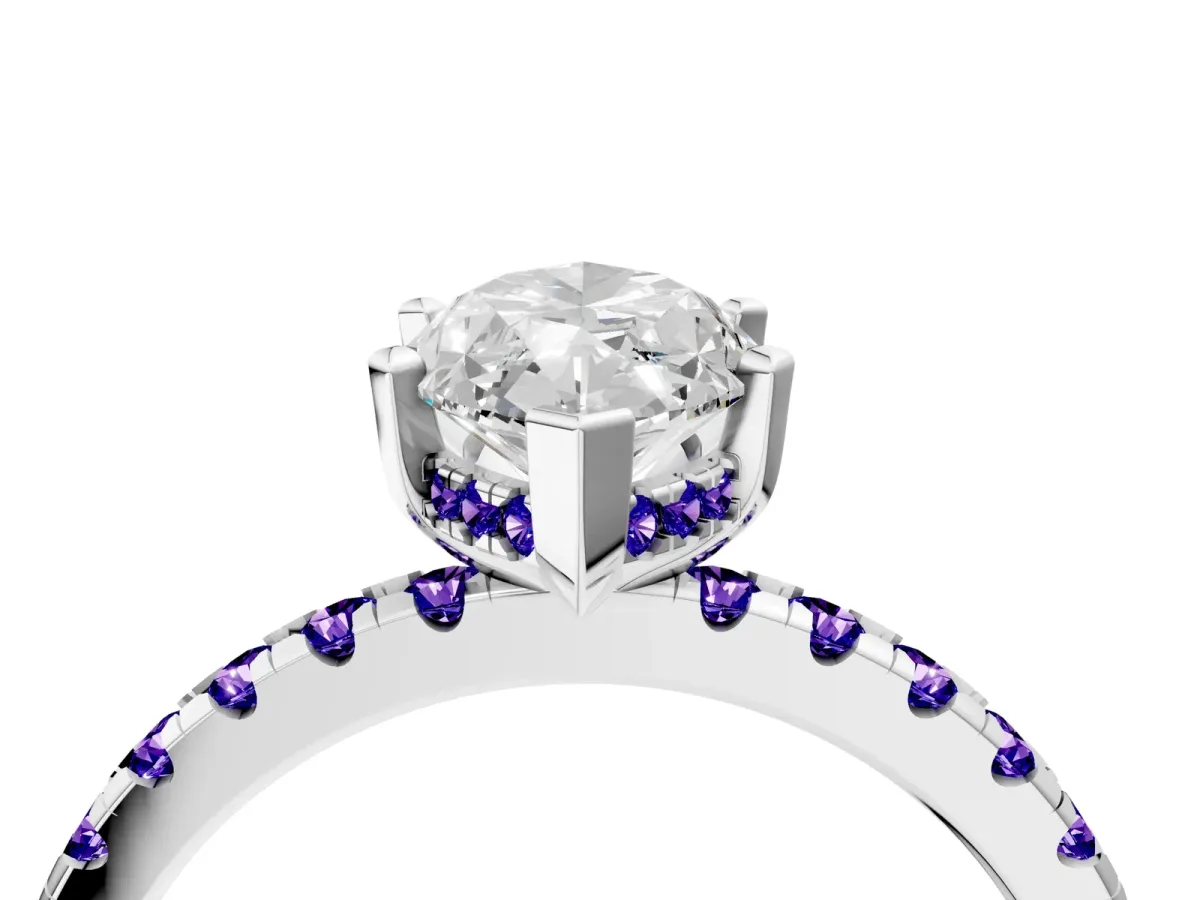 Marquise Cut Diamond Solitaire Ring with Round Tanzanite Pavé Band and Four-Prong Setting White gold