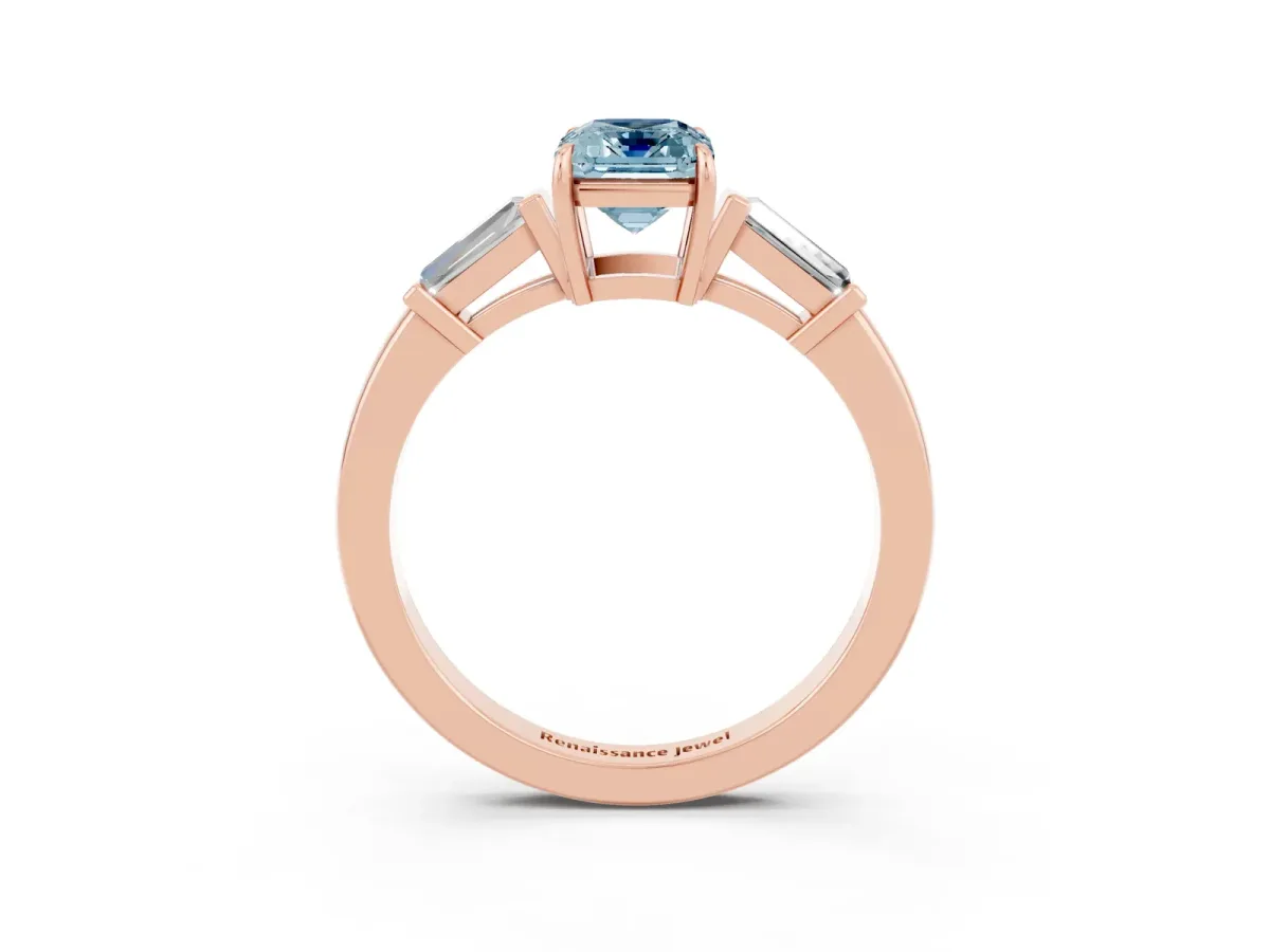 Emerald Cut Aquamarine Three-Stone Ring with Tapered Baguette Side Stones and Prong Setting Rose gold