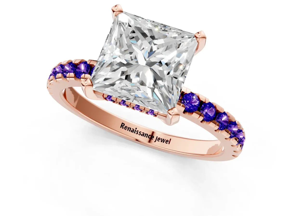 Princess Cut Diamond Solitaire Ring with Round Tanzanite Pavé Band and Four-Prong Setting Rose gold