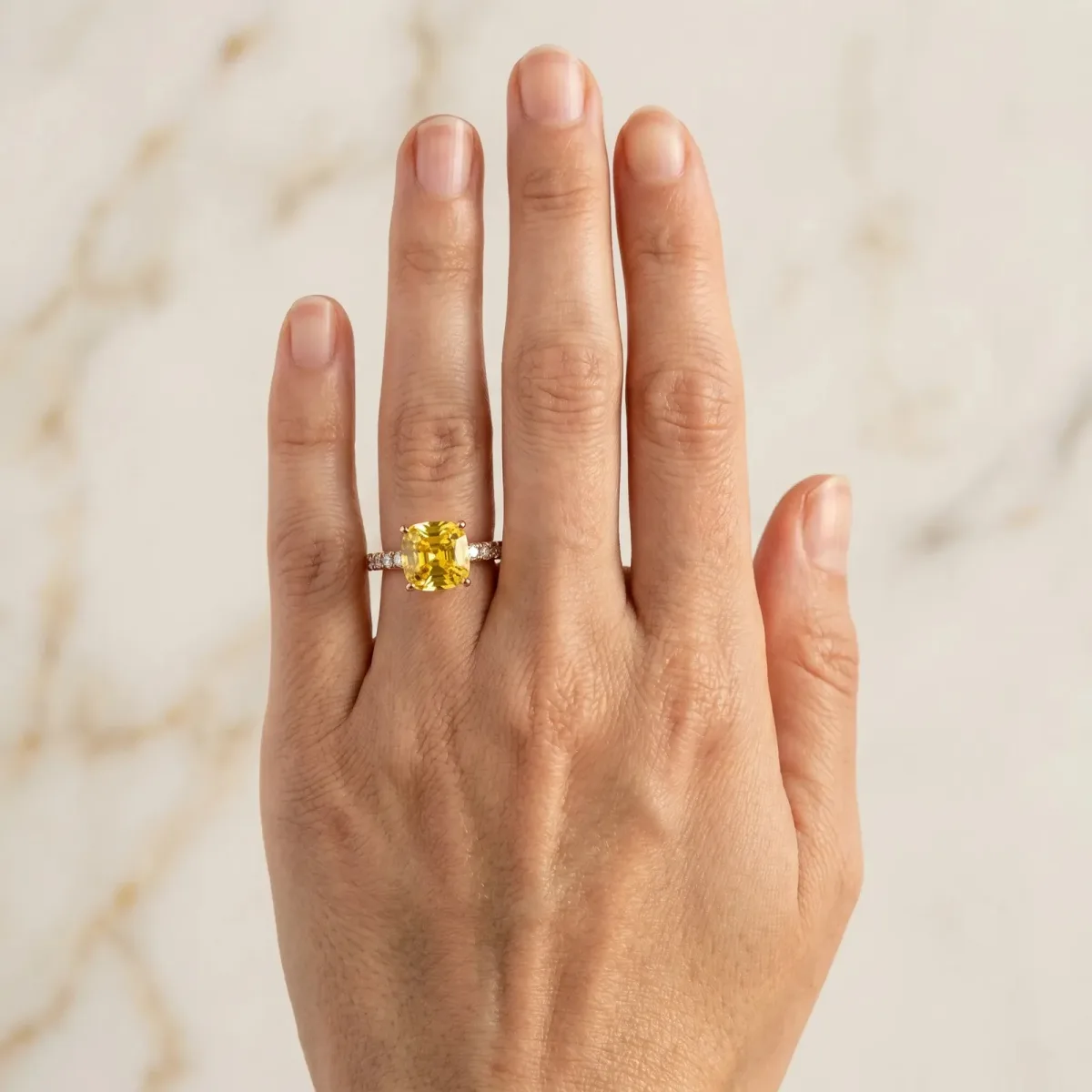 Cushion Cut Yellow Sapphire Solitaire Ring with Round Pavé Band and Four-Prong Setting Rose gold