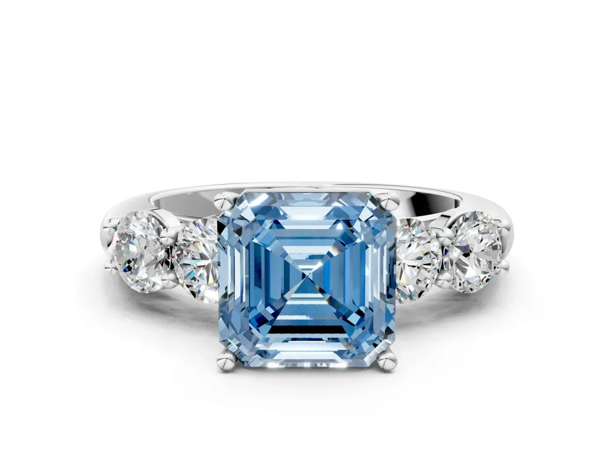 Fancy Blue Asscher Cut Cut Five-Stone Prong Set Diamond Ring with Classic Band Platinum
