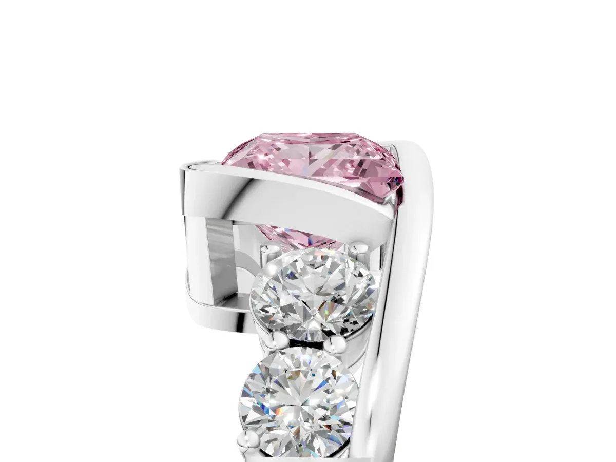Fancy Pink Bezel Set Princess Cut Diamond Bypass Ring with Round Accents Silver